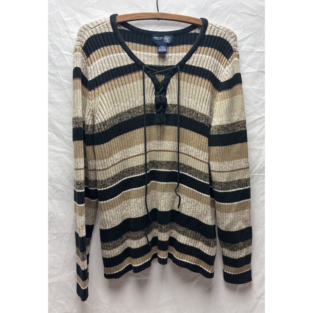 Venezia Jeans Women's 18/20 Plus Size Striped Lace Up Knit Sweater Brown Black